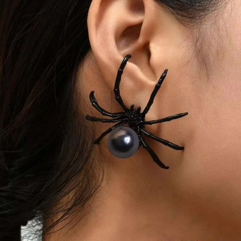 Fashion Black Spider Pearl Stud Earring Trendy Personality Dark Style Halloween Ear Nail for Women Alloy Geometric Ear Accessory