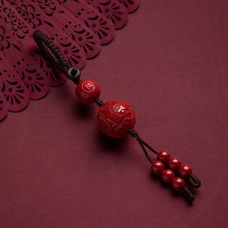 

Cinnabar Money beads Key Chain Organic Jewellery Carved Fashion Chinese Natural Gifts Amulet Bag Buckle Pendant Red