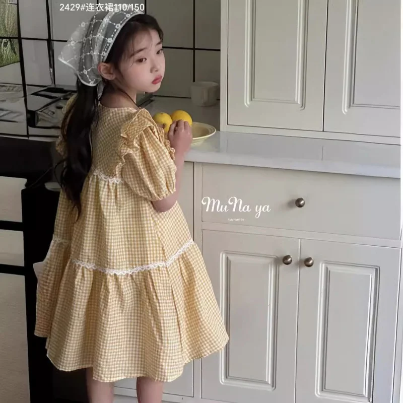 Muna girls summer dress 2024 New middle children sweet puff sleeve mid-length short sleeve princess dress