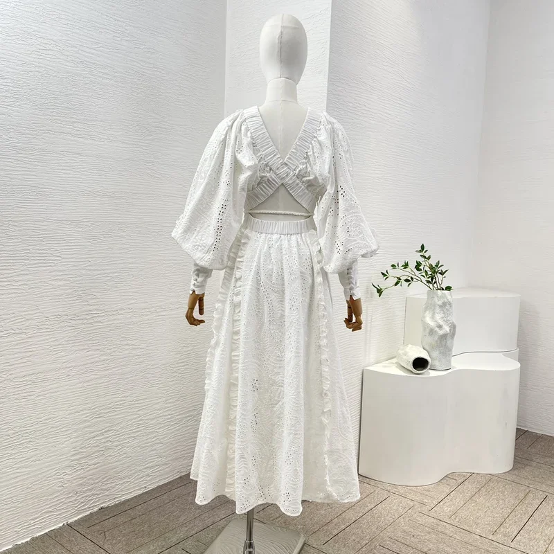 Re-Ash White Hollow out 2024 new women clothing collection high quality long lantern sleeve waist lace-up cut out midi dress