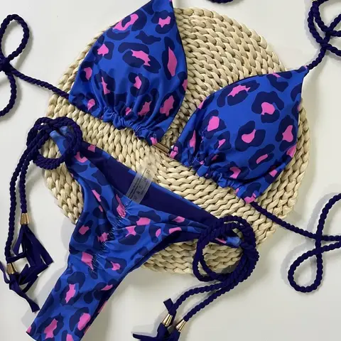 Sexy Printed Halter Bikini Set Women Backless Two Piece Swimsuit Color Block Beachwear Summer Bikini Set Women's Swimsuit Beach