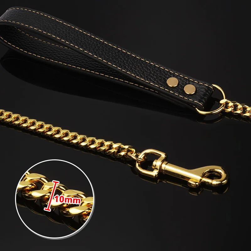 Metal Dog Leash Stainless Steel Chain 18K Gold Pet Lead with Soft Pu Leather Handle For Medium Large Dog Walking Training