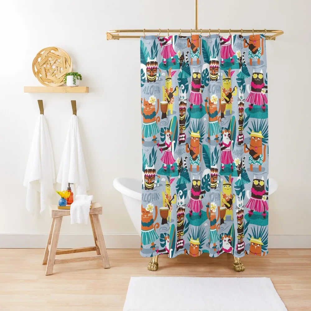 Secret Hawaiian night beach party // pastel blue background gold drop orange illuminating yellow dark oak brown a Shower Curtain