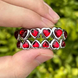 RACHELZ 6/6 Red Heart Zircon Teeth Grillz Silver Color Hip Hop Shiny Green Crystal Tooth Caps For Women Men Jewelry Cosplay