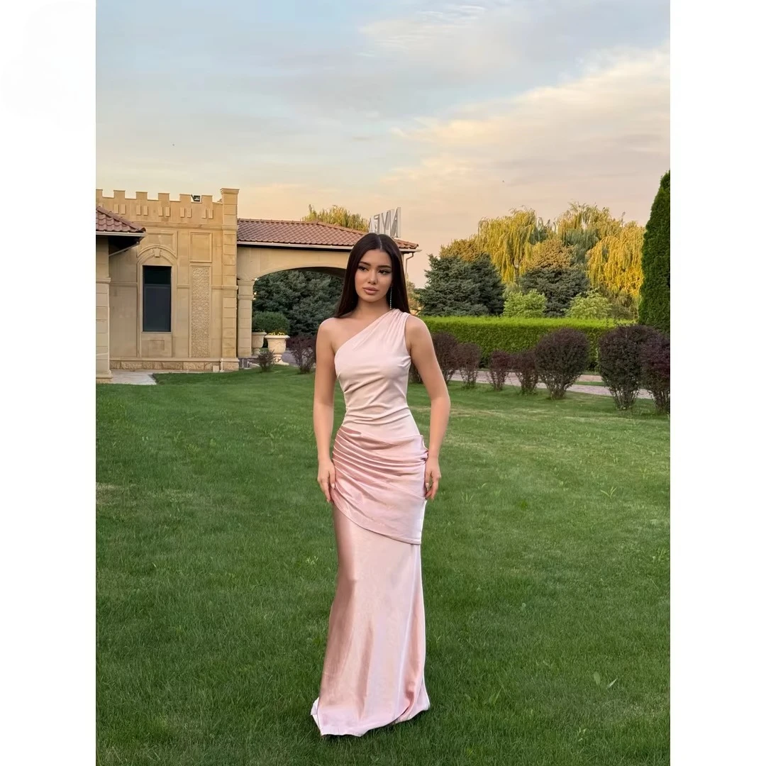 Customized Luxury Pink One Shoulder Sleeveless Mermaid Prom Gowns Floor Length Pleated 2026 New Formal Party Evening Dresses