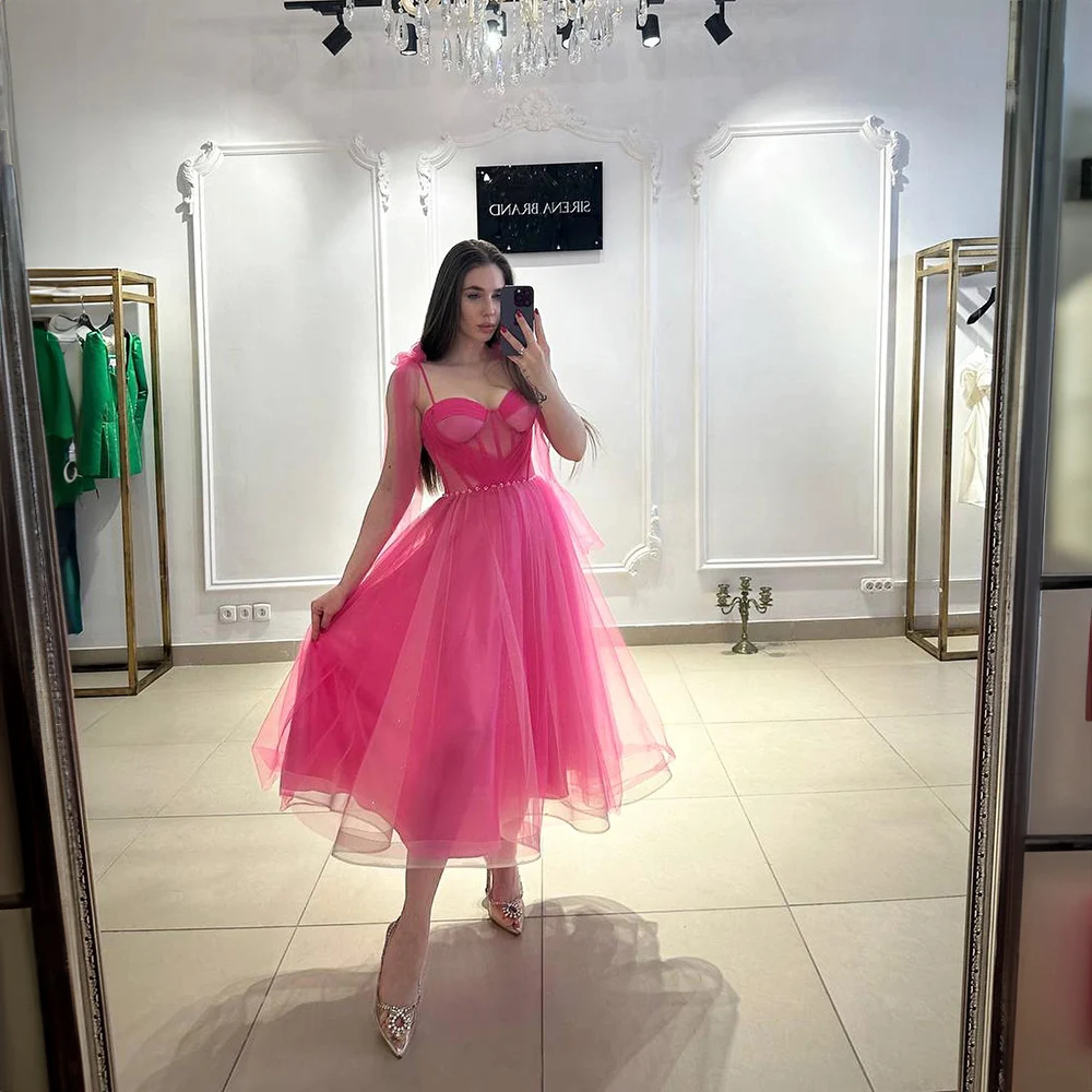 

Princess Sweetheart Collar Tulle A-line Tea-Length Pleated Formal Prom Dress for Women Backless Prom Party Gown vestidos de gala