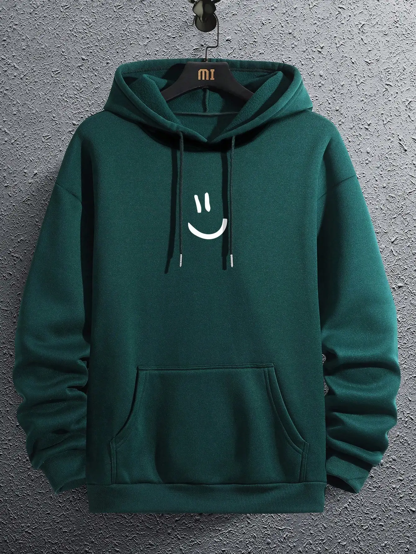 Hot Men Smile Expression Printed Pocket Pull Rope Warm Hoodie Simple Atmosphere Wear Essential Active Life