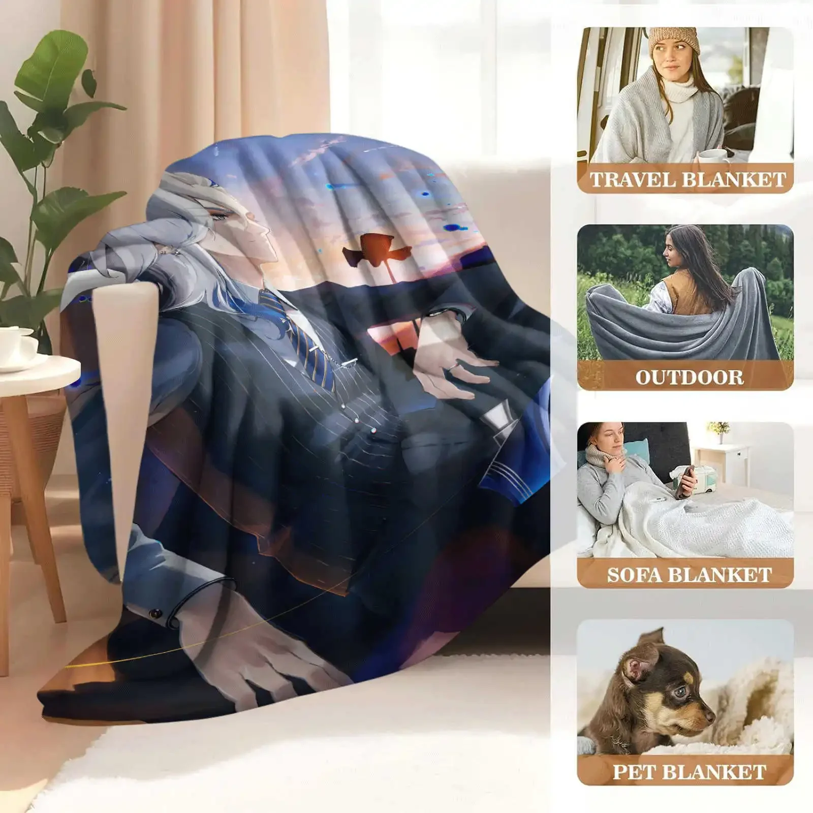 Game Genshin Impact Neuvillette Nap Blanket Warmth Soft Air Conditioning Otaku Flannel Blanket Multifunctional Decor Blankets