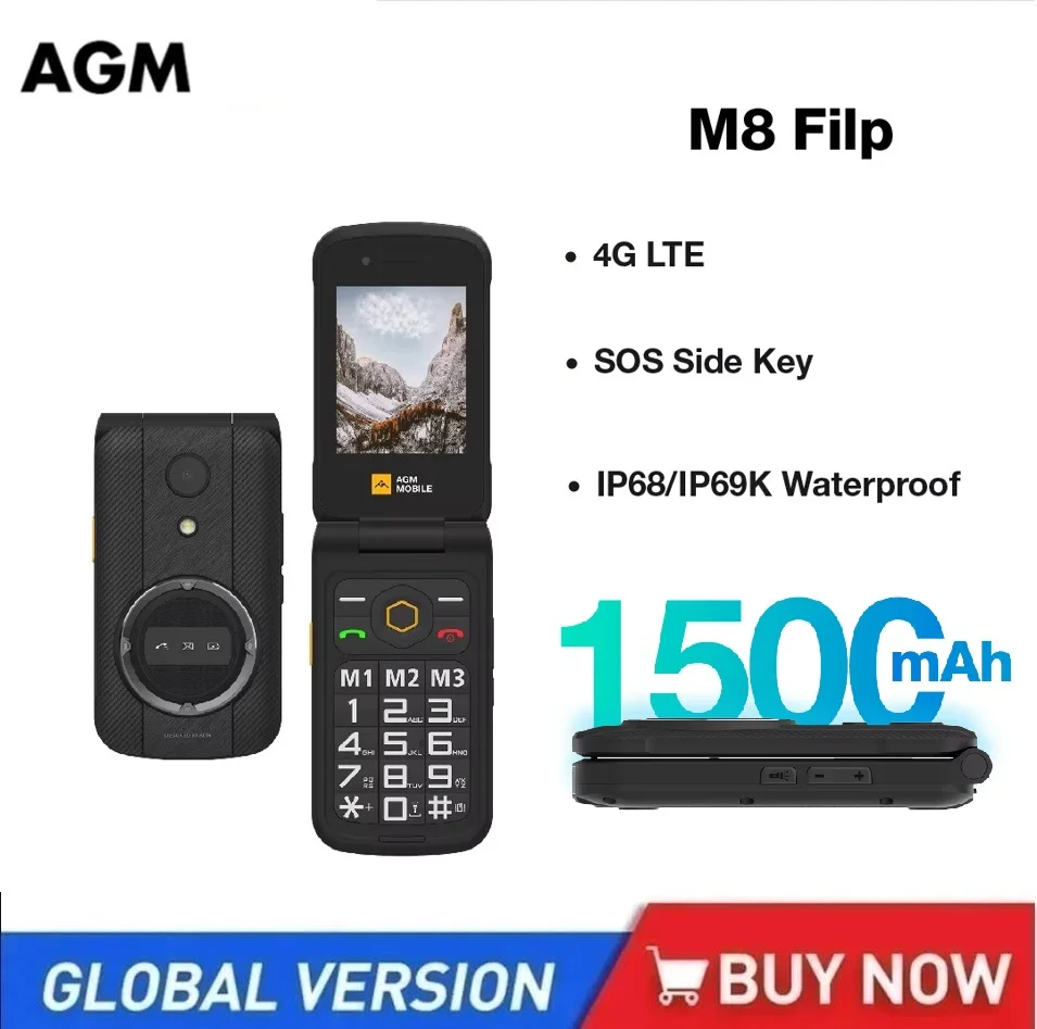 AGM M8 Rugged Flip Phone Senior Safe,No Cam/Bluetooth,WaterProof,Clear 2.8” QVGA,4G,SOS Button,1500mAh Battery FM Radio phone