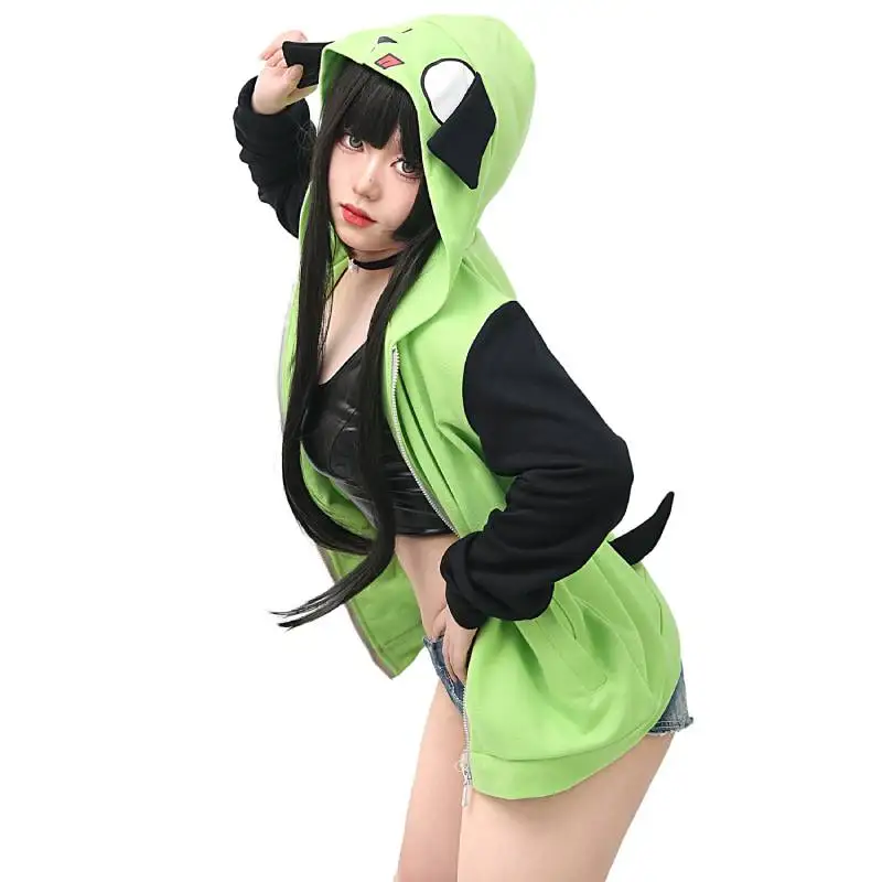 DAZCOS 2023 Spring Autumn Green Hoodies Invader ZIM Mens Womens Casual Hooded Zip Up Pullovers Sweatshirts with Ears Streetwear