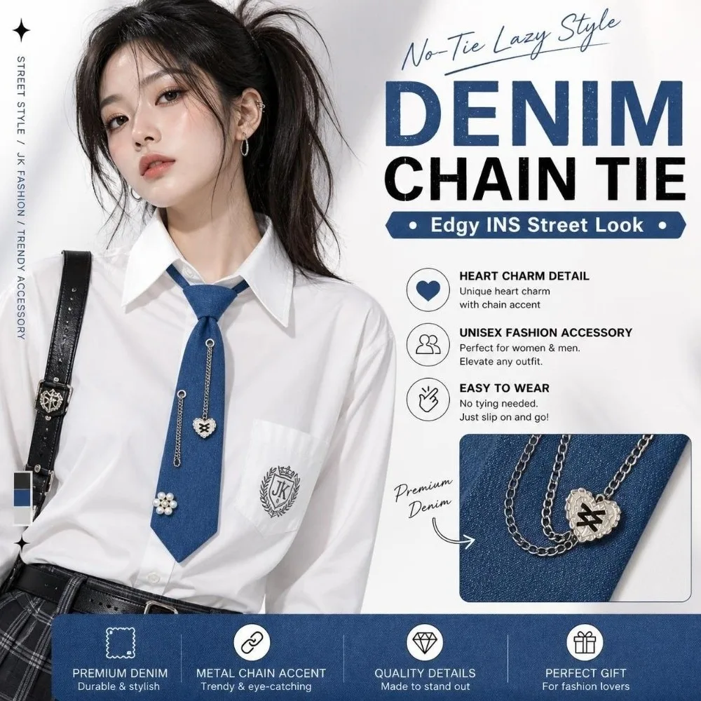 Cowboy Style Denim Pre Tied Necktie Beaded with Tassel Costume JK Tie‌ Elastic Strap Jewelry Accessories Denim Pearl Necktie