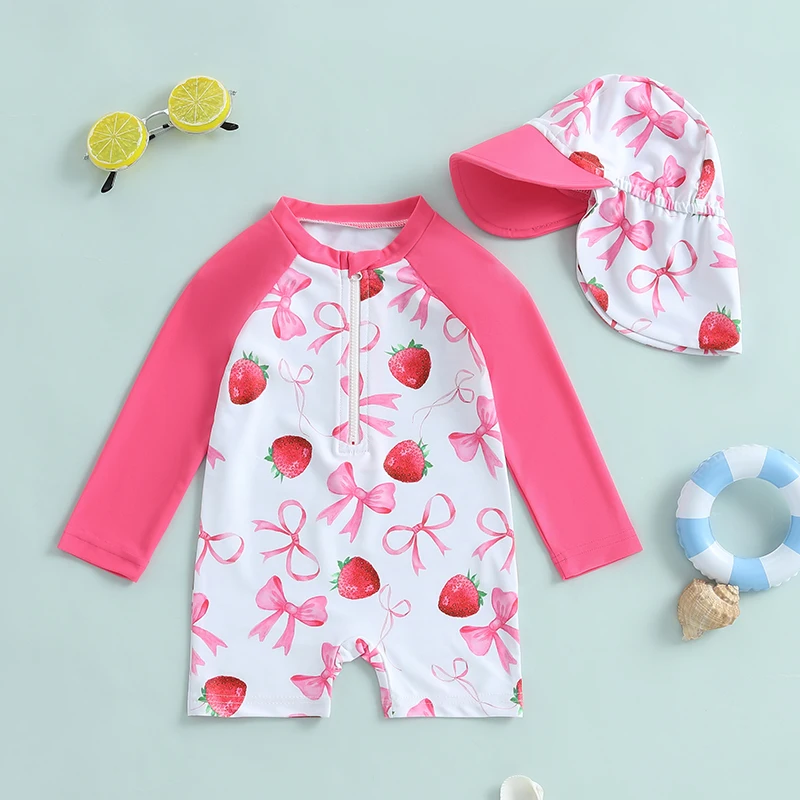 Rash Guard-Maillot de bain à manches longues et col rond pour bébé fille, 2 pièces, avec chapeau et nœud papillon, motif Harvey, fermeture éclair