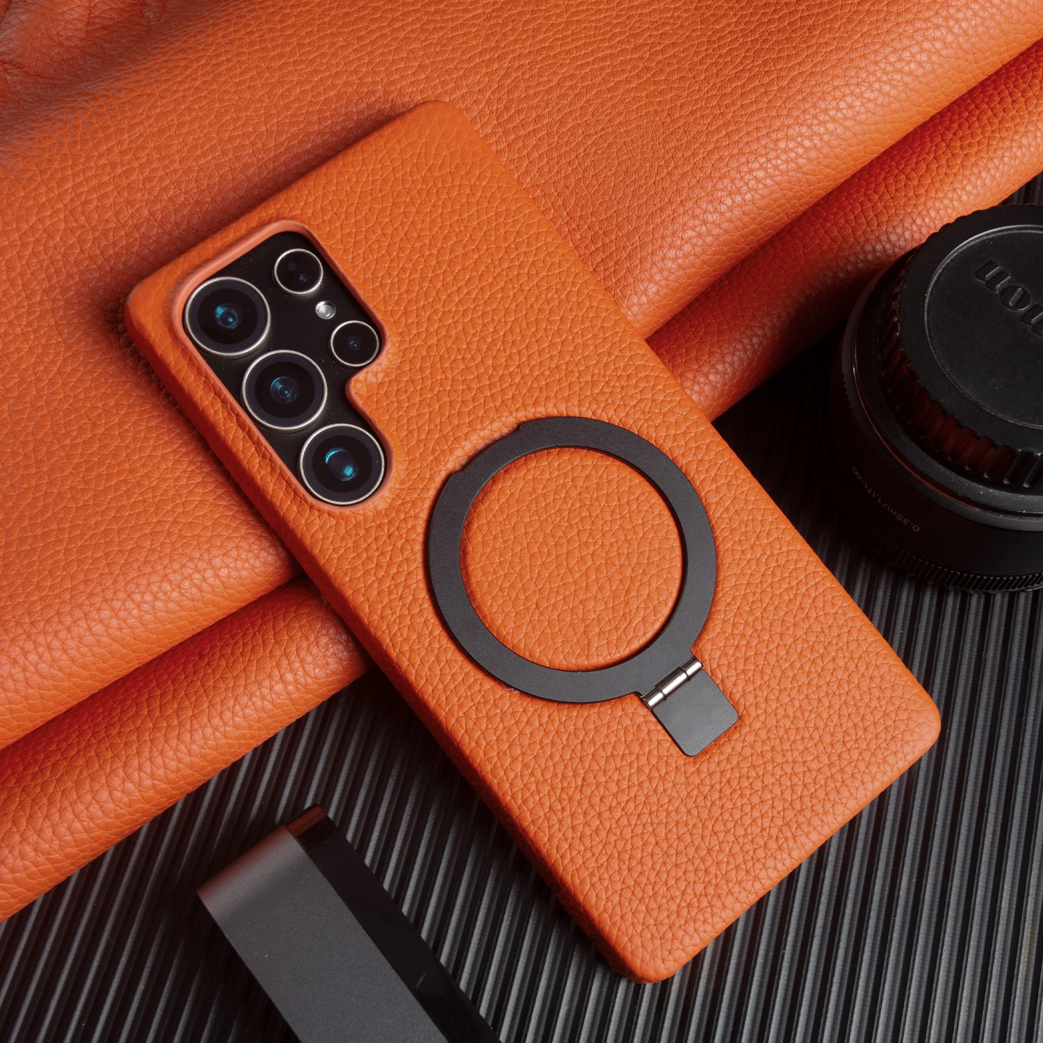 Foldable Bracket Lychee Genuine Leather Case For Samsung Galaxy S26 Ultra S25 FE S24 S23 S22 S21 Plus Back Cover Phone Case Capa