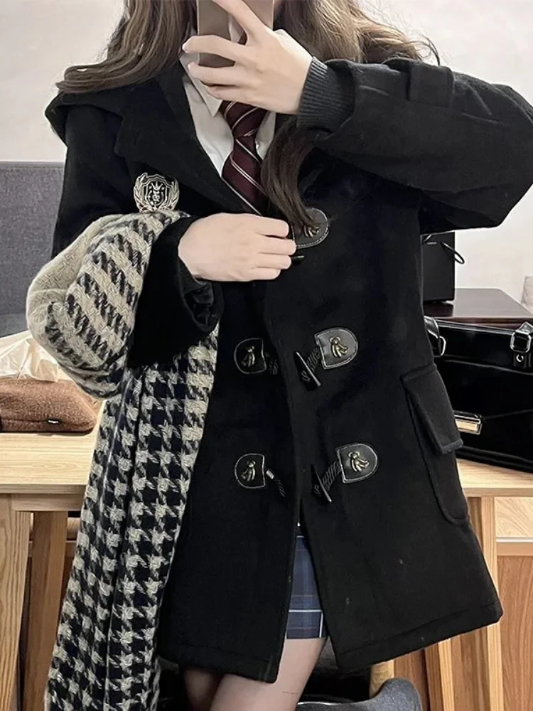 JK Girl Students Korean Fashion Jackets Women Horn Buckle Wool Blends Coats 2025 Autumn New Hoody Mid Long Jacket Y2k