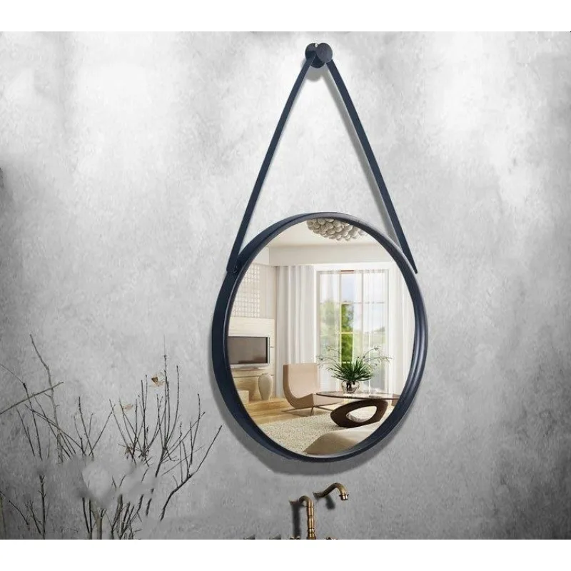 Wholesale Home Decor Vintage Large Round Leather Strap Black Round Metal Frame Glass Wall Mirror Miroir Spiegel