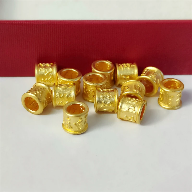Pure 999 24K Yellow Gold Men Women 3D 6mm Six Words Tube Bead Pendant 3.5mm Hole