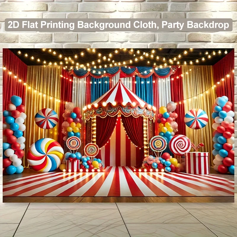

Один 2D-фонный баннер, цирковая палатка, украшенная воздушными шарами и конфетами, настенное покрытие из полиэфирной ткани, праздничный фестиваль