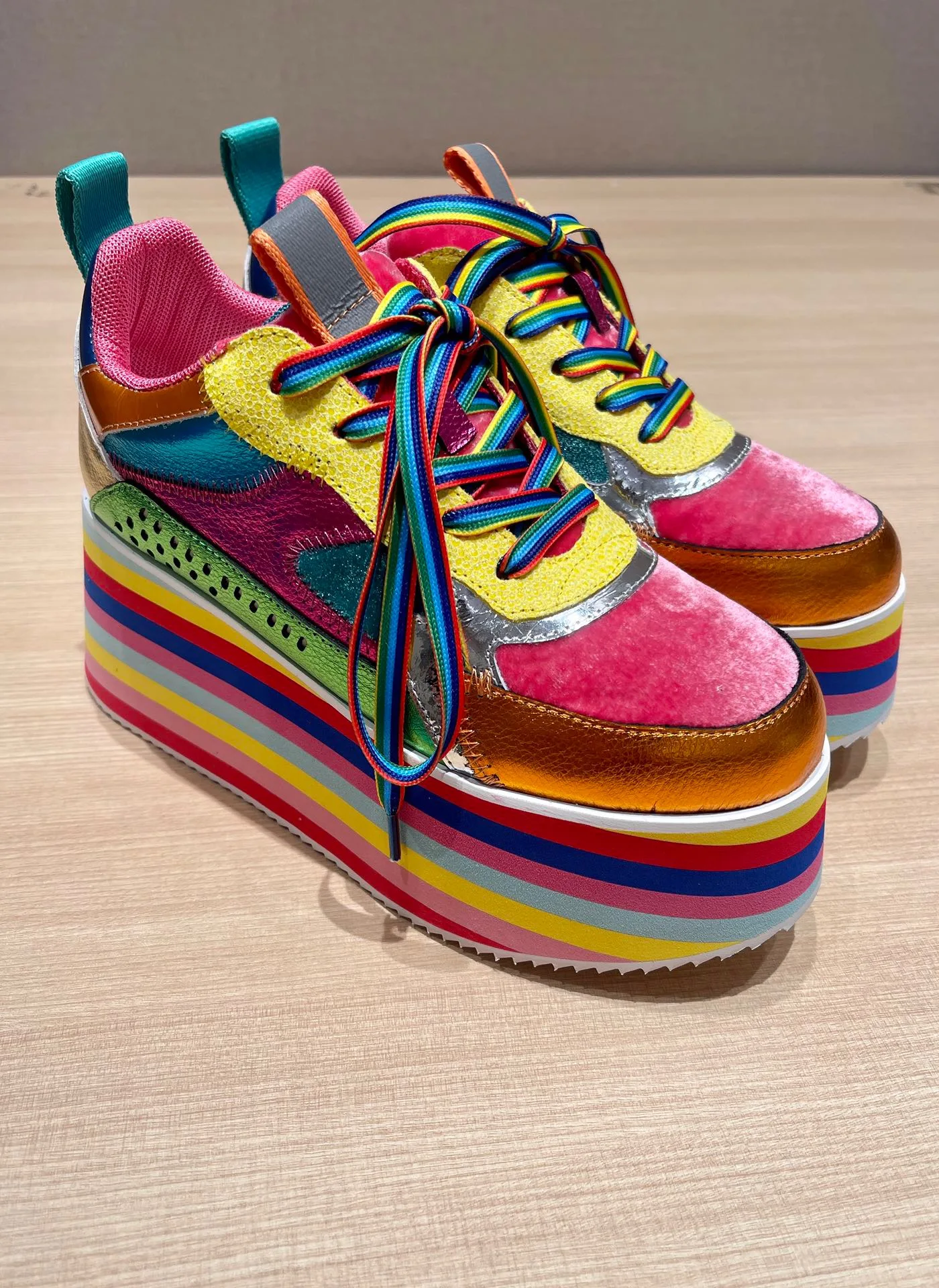 Women Rainbow Shoes High Heels Platform Girl Chunky Sneakers Colorful Mixed Color Fashion Luxury Brand Thick Sole Multi-color