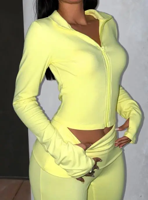 

Two Piece Set Women Outfit 2026 Spring Autumn New Solid Color Turn-Down Collar Long Sleeve Coat & Casual Yoga Sports Pants Set