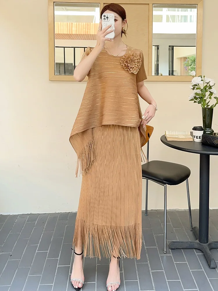 WHTREND-Conjuntos plisados para mujer, camisa holgada Irregular con flores y faldas largas con borlas, ropa de moda femenina, conjunto de 2 piezas