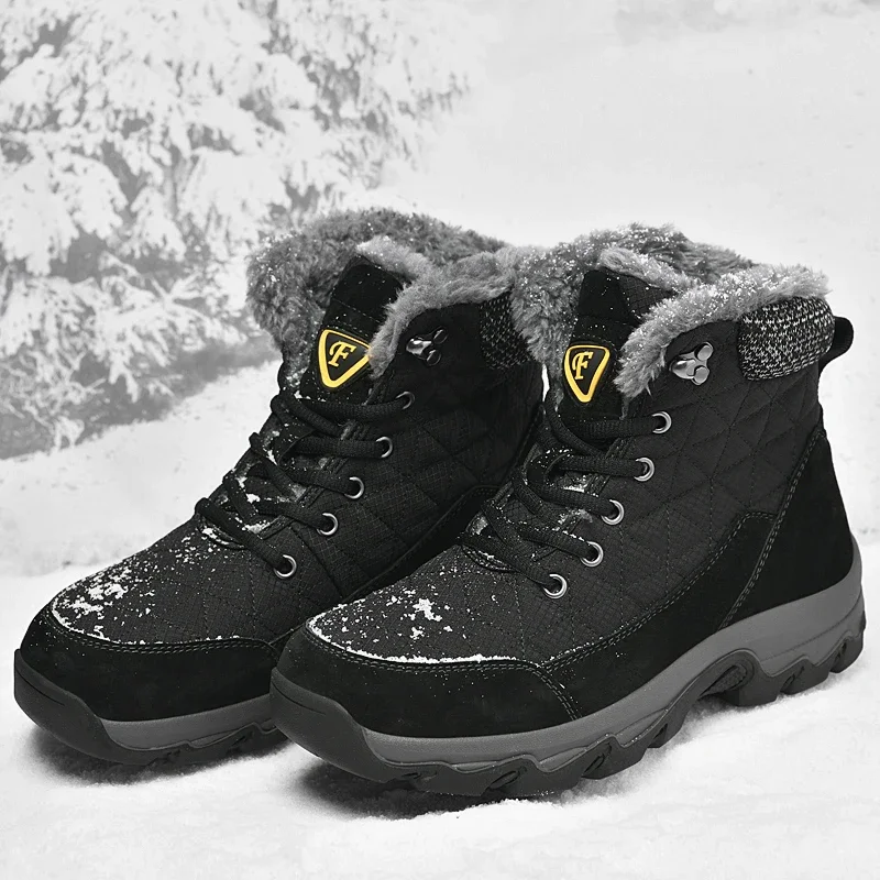 Botas de nieve de piel de felpa para hombre, botines cálidos de cuero, impermeables, antideslizantes, para exteriores, senderismo y trabajo, Invierno