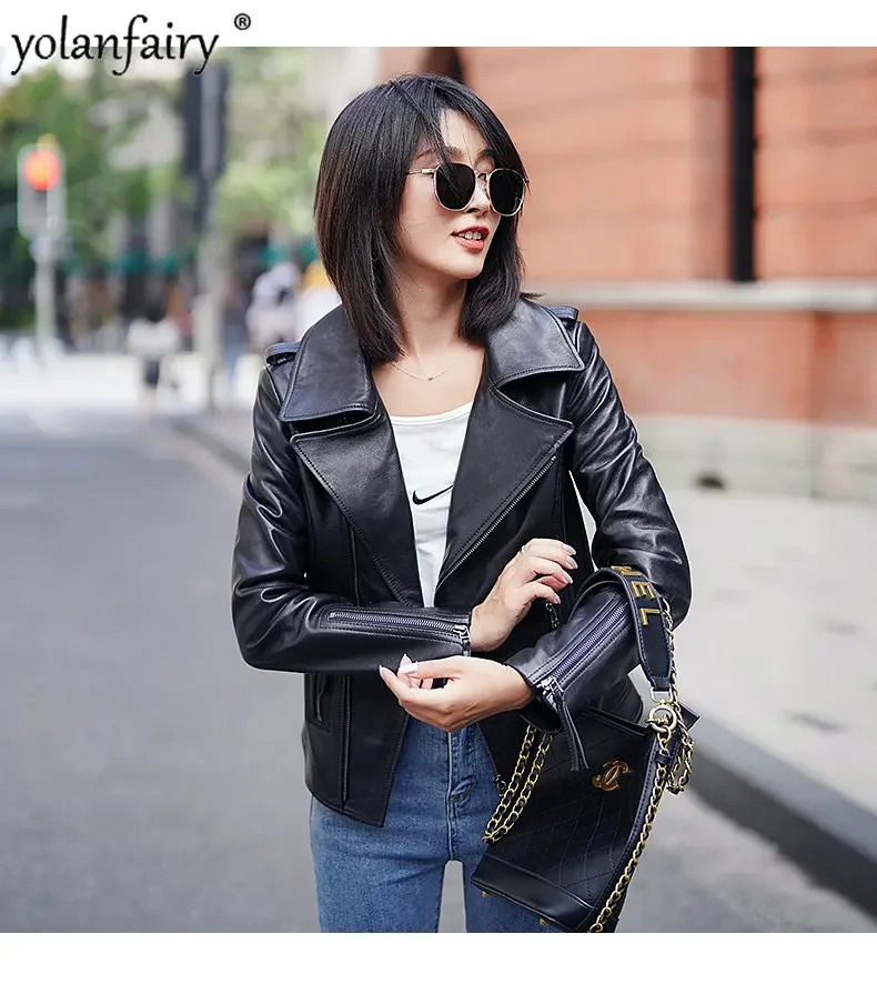 2023 Spring New Genuine Leather Jacket Women Clothing Real Sheepskin Jacket Slim Short Motorcycle Coat Roupas Femininas FCY3963