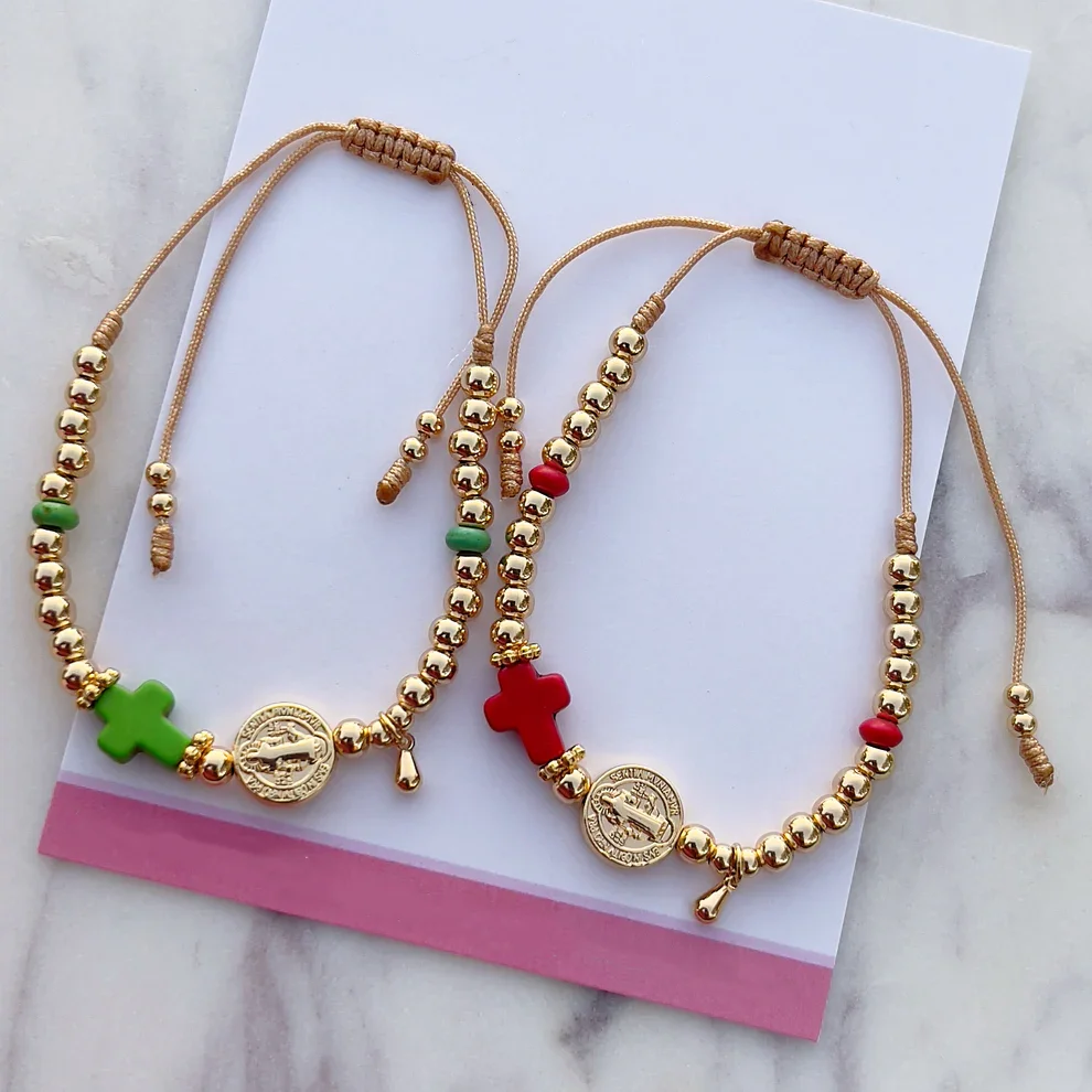 KKBEAD سان بينيتو الصليب سوار للنساء 18K مطلية بالذهب حبة الأساور فام اليدوية خمر المجوهرات الدينية هدية لها