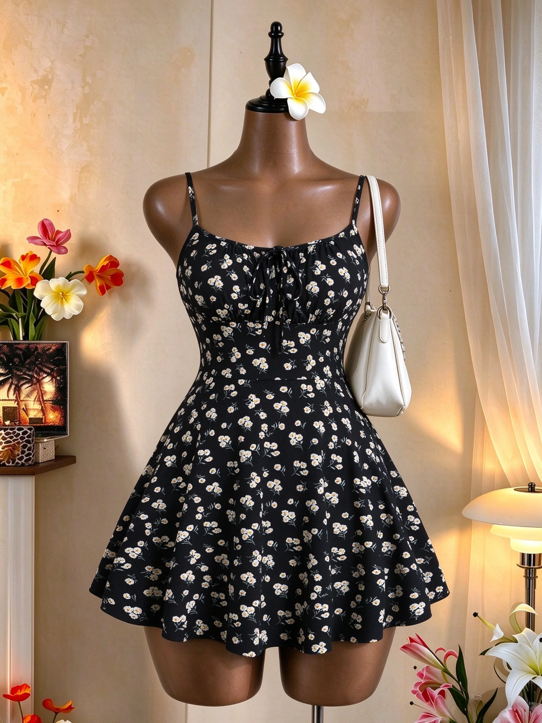 Damen Blumen-Spaghetti-Träger-Minikleid mit Vorderverschluss, hoher Taille, A-Linie, Sommer-Freizeitkleid – Detail 14