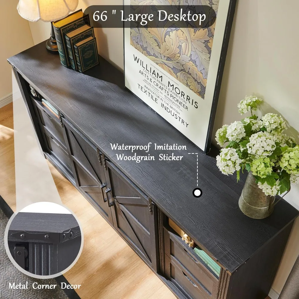 حامل تلفزيون LINGMU Farmhouse لتلفزيون 75 80 بوصة، ومركز ترفيه بطول 32 بوصة مع/4 أدراج وباب حظيرة منزلق، ووحدة تحكم الوسائط الريفية #4