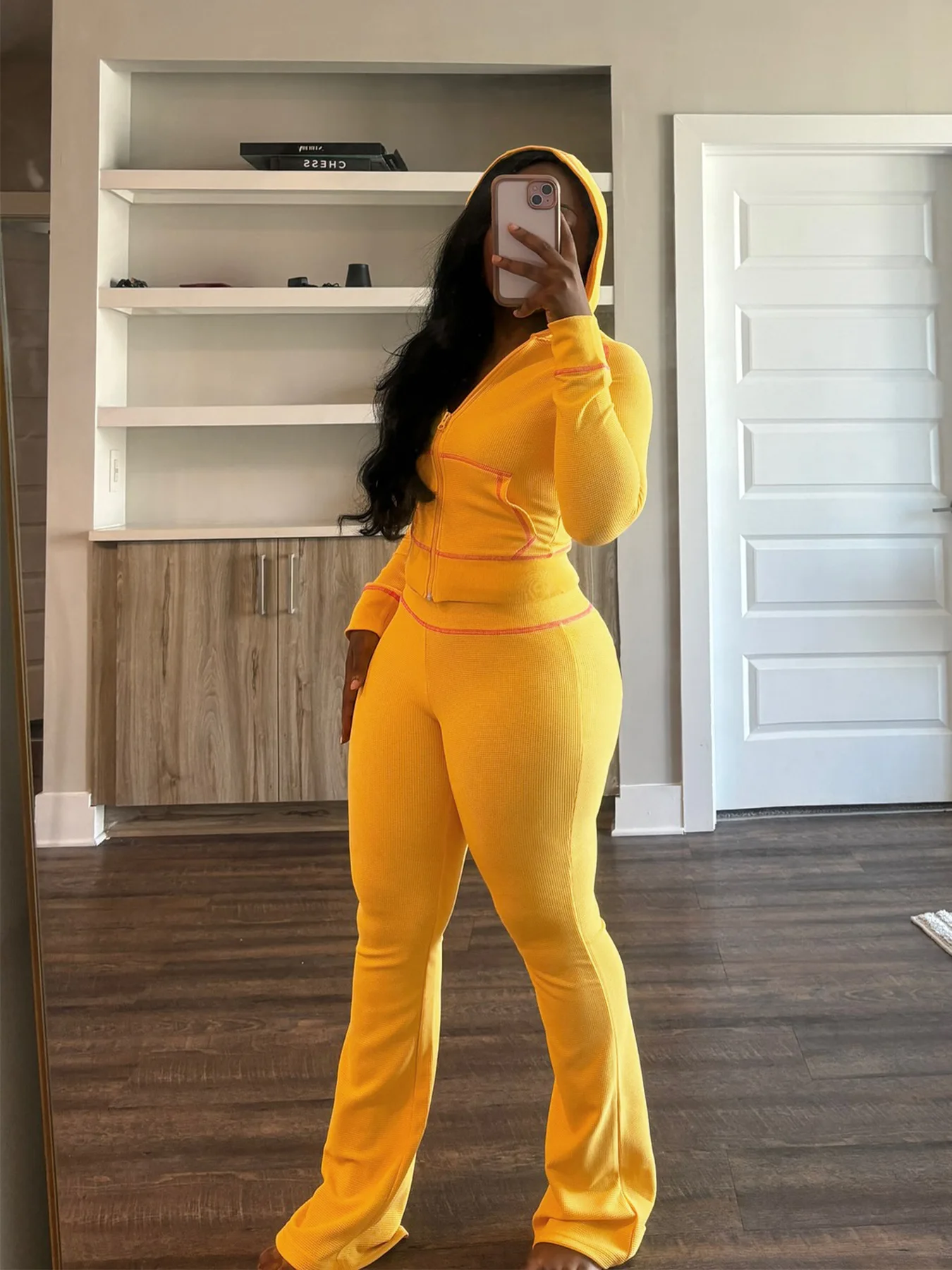 

Women Casual Two Piece Outfits Fall Winter Long Sleeve Hoodie Jacket & Wide Leg Flared Pants Jogging 2 Pieces Set