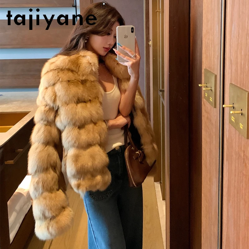 معطف من فرو الثعلب الطبيعي 100% من TAJIYANE جاكيت نسائي بياقة واقفة من الفرو الحقيقي ملابس شتوية للنساء 2025 سترات فروي شودابا نسائية