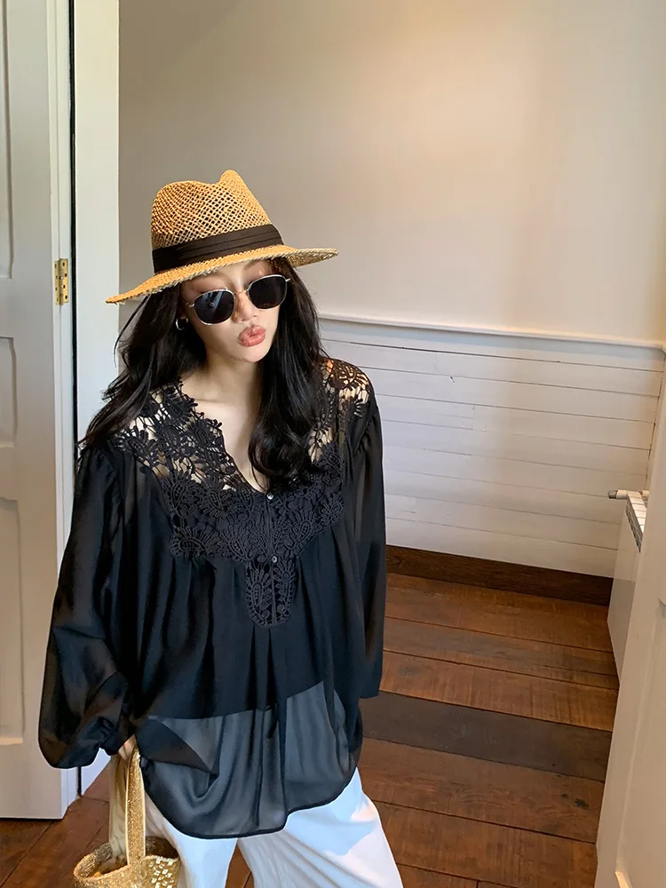 

Long Sve Lace Hollow out Bla Me A-Line Set by Long Xi Er Mona a Premium Feel Polyester Summer Faion Set