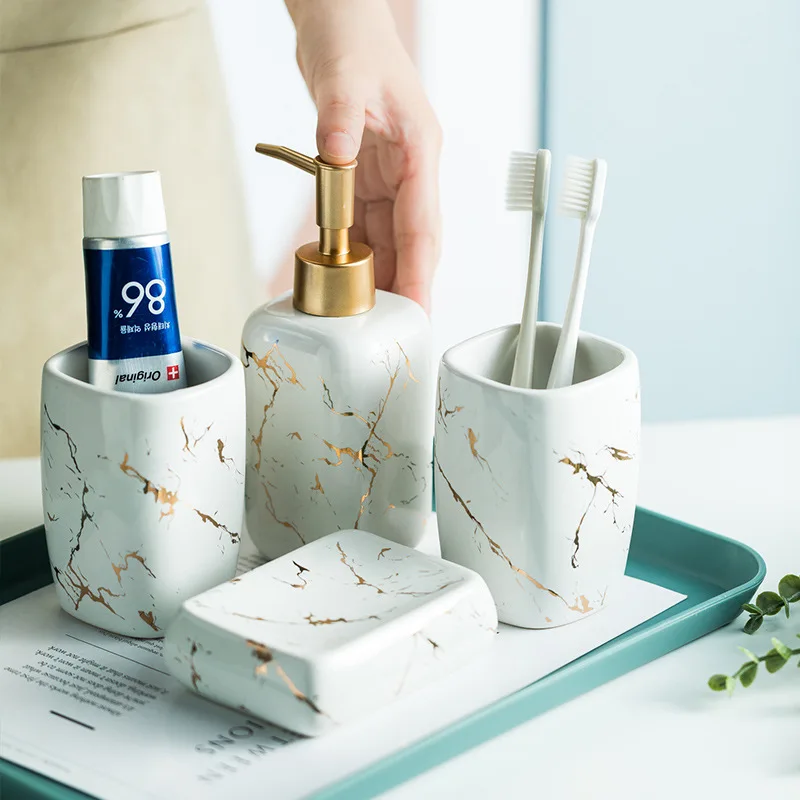 

Bathroom Four-piece Set Marble Pattern Lotion Bottle Toothbrush Cup Soap Dish Ceramic Storage Bottle Bathroom Toiletries Set New