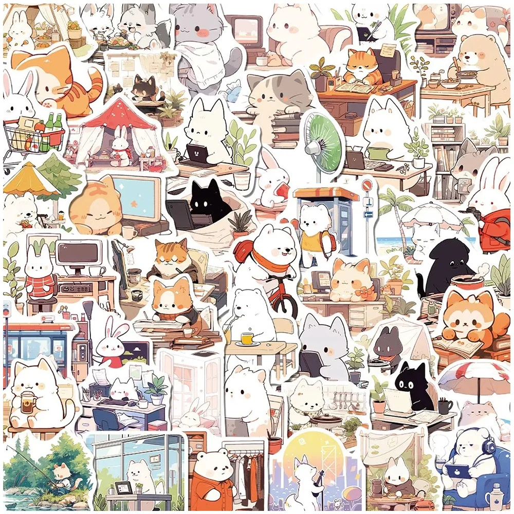 Engraçado Gato e Cão Adesivos para Crianças, Desenhos Animados Kawaii, Decalques Estéticos, Papelaria DIY, Telefone, Laptop, Carro, Graffiti Adesivo, 10 Pcs, 30 Pcs, 50Pcs