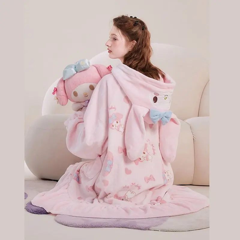 2023 Kawai My Melody Anime Sanrio Two-piece Dressing Gown Set Autumn And Winter Coral Velvet Thickened Couple Loungewear Pajamas