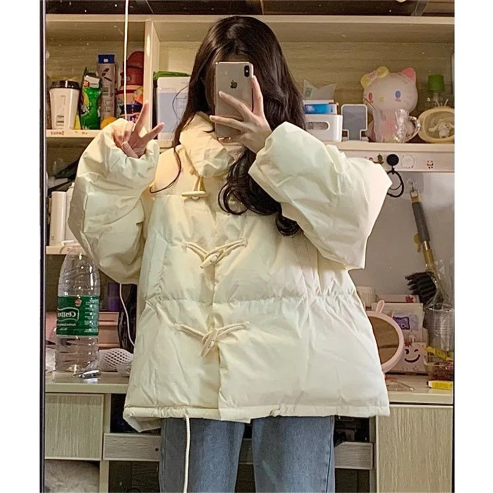 Winter New Thick Cow Horn Button Bread Jacket Female Student Cotton Jacket Korean Version Loose Cotton Jacket Fashionable