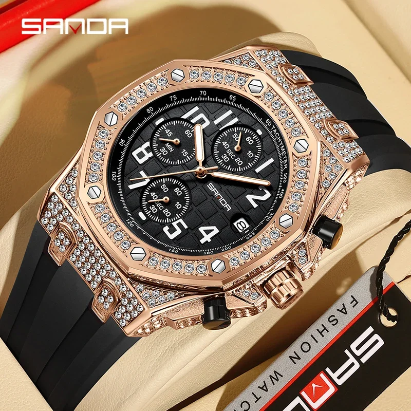 

SANDA 7026 Men's Quartz Watch Fashion Leisure Diamond Luminous Date Analog Display Silicone Strap Wrist Watches for Male Gift