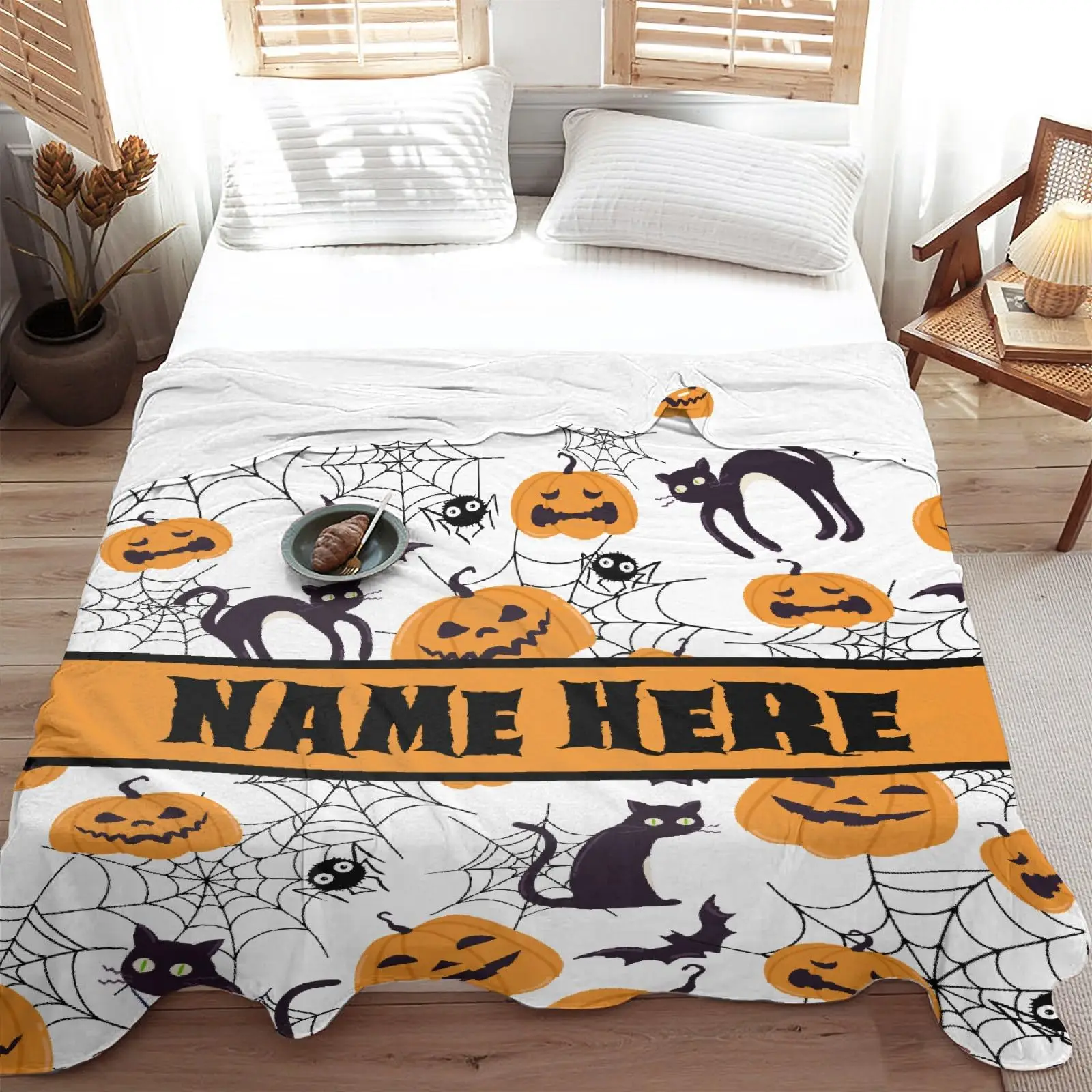 CLOOCL Custom Name Halloween Blankets Pumpkins Cats 3D Printed Flannel Throw Blankets Cozy Air Conditioning Quilts Gifts