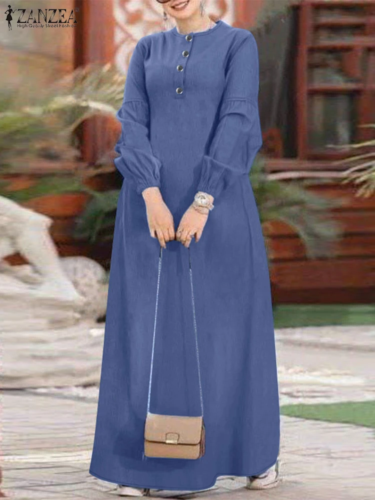 ZANZEA Women Spring Muslim Dresses Casual Loose Denim Blue Vestido Kaftan Vintage Long Sleeve Solid Abaya Sundress Robe Femme