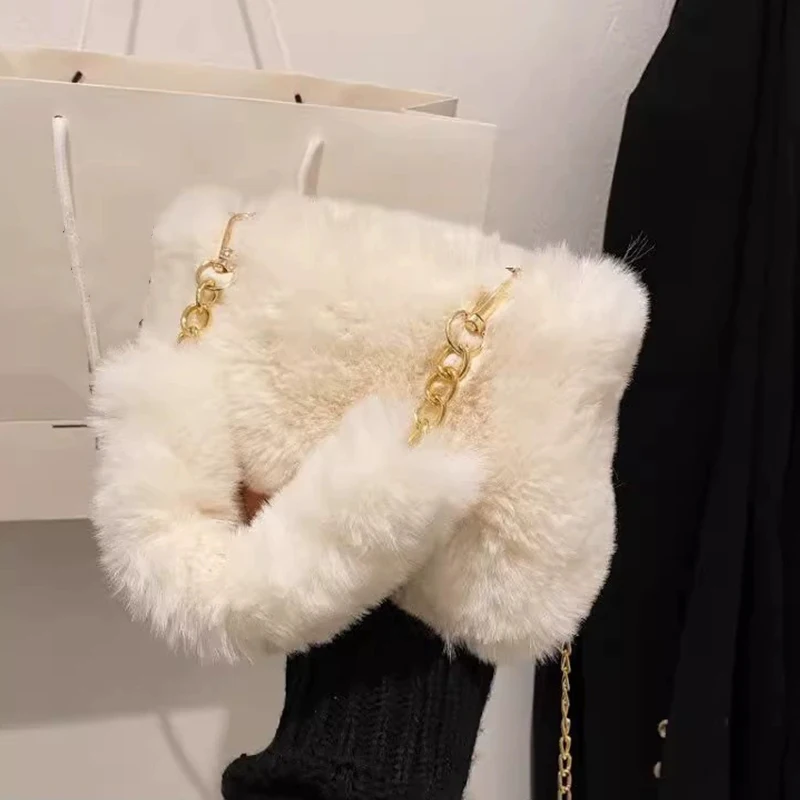 Bolso de mano de piel sintética de felpa para mujer, bolso de hombro de invierno, bolsos cruzados esponjosos informales, bolso de cadena a la moda, bolso suave para niña