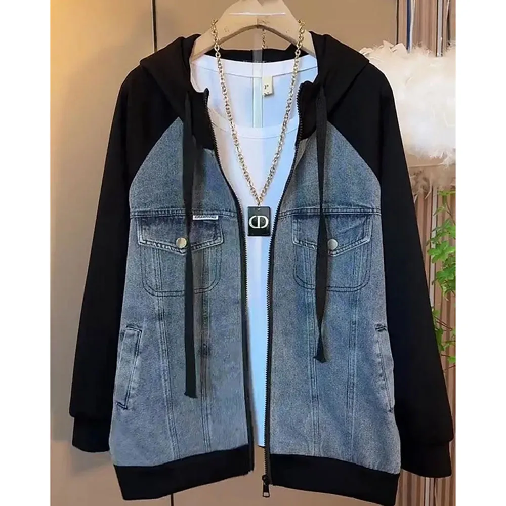 

Spring Autumn New Ladies Fashion Join Together Hooded Denim Jacket Women Long Sleeve Loose Cowboy Tops Femme Casual Basic Coat