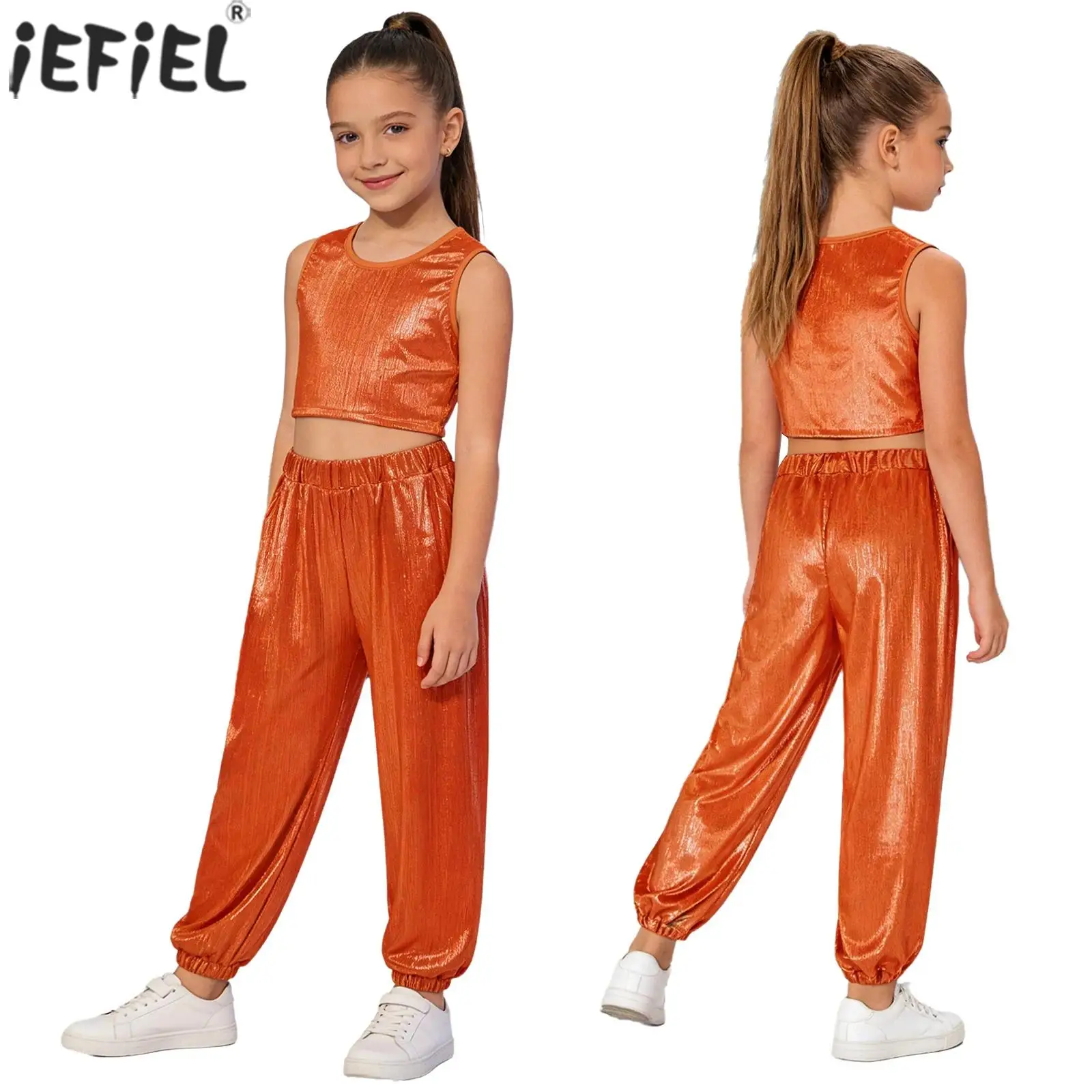 Kids Girls Metallic Ribbed Dance Outfit Sleeveless Glossy Crop Top Vest with Pants for Street Hip Hop Cheerleading Performance