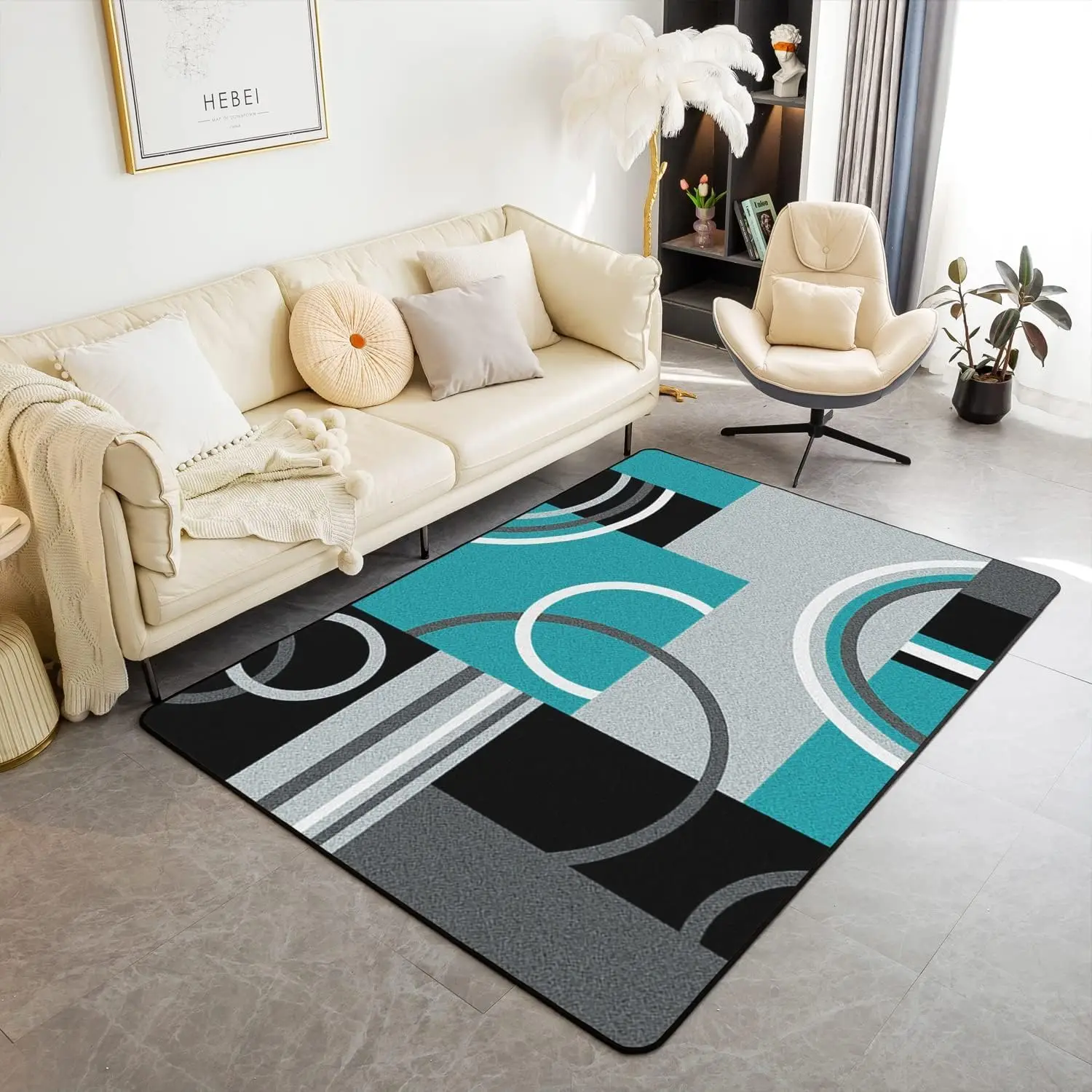 Modern Turquoise Decor Area Rug for Living Room, Geometric Circles Gird Non Slip Rug Bedroom Bedside Decor, Black Grey Machine