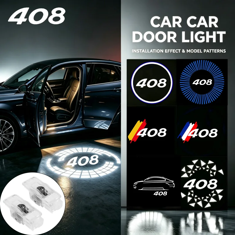 2Pcs For Peugeot 408 HD Projector LED Car Door Welcome Lights Auto Emblem Shadow Lamp Night Signal Light Auto Decor Accessories