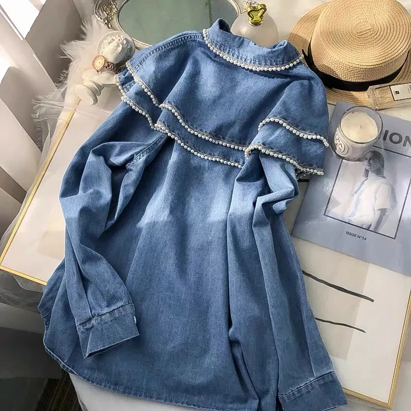 French Style Doll Collar Denim Blouses Women Vintage Loose Pearl Design Jean Shirts Spring Tops Long Sleeve Cute Blusas Mujer