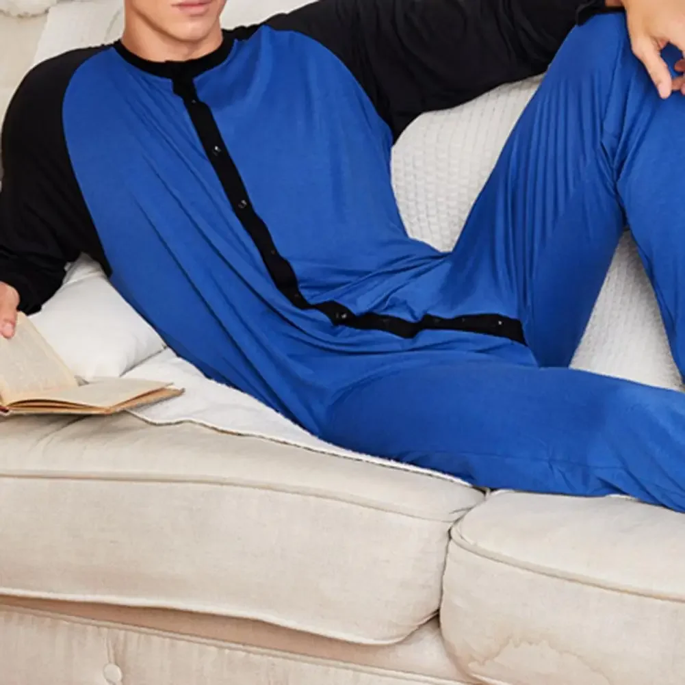 Spring Fall Men Jumpsuit Pajamas One-piece O-neck Long Sleeve Hip Buttoned Front Closure Sleepwear For Sleeping Homewear