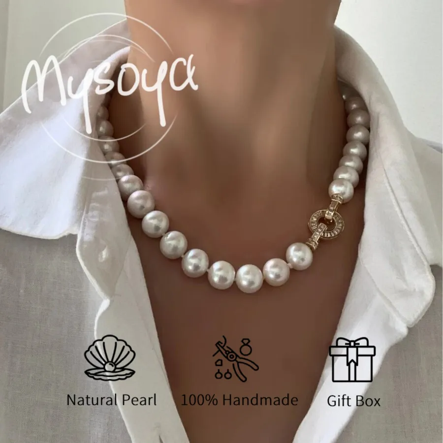 

MYSOYA 12-14 мм ожерелье из белого жемчуга, большой натуральный жемчуг с подарочной коробкой, идеальный подарок на свадьбу, день рождения, Рождество, Новый год