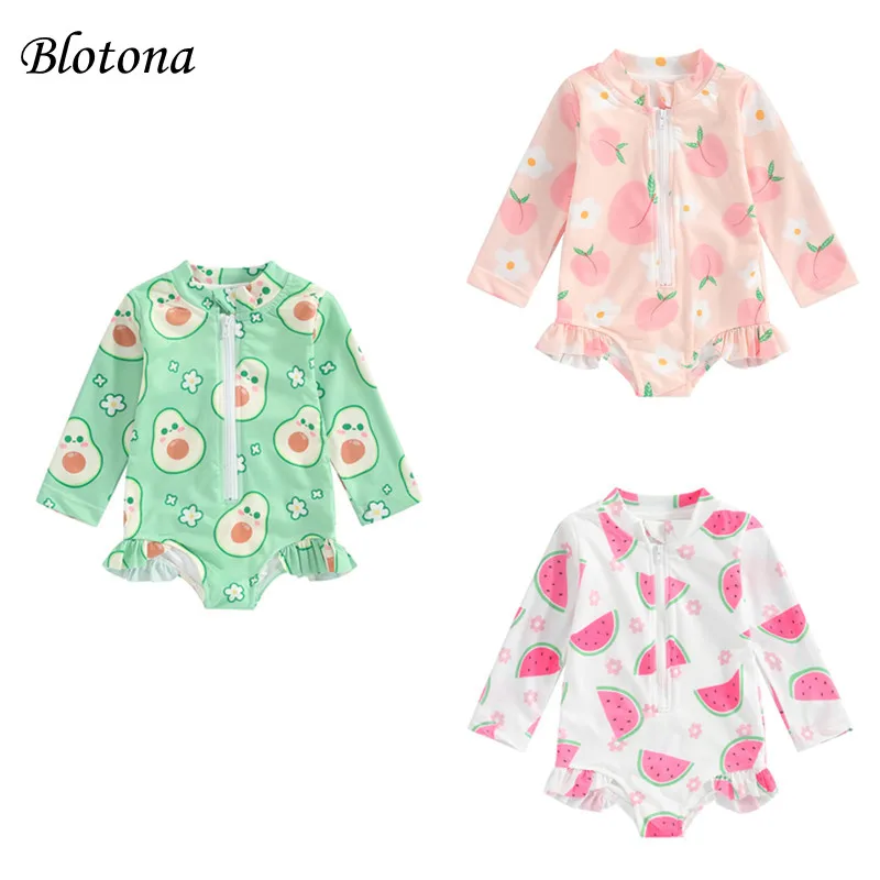 

Blotona Baby Girl Swimwear Summer Fruit Print Ruffled Long Sleeves Monokini Swimsuits for Toddler Bathing Suits Beachwear 6M-4Y