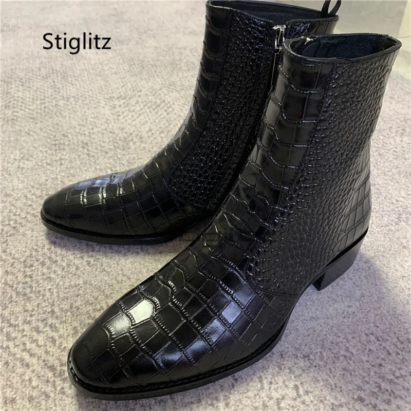 Alligator Pattern Leather Chelsea Men's Boots Pointy Side Zip Chunky Heel Ankle Boots British Style Runway Business Male Shoes