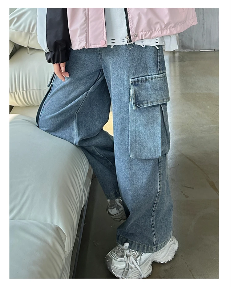 Kinder Retro Distressed Cargo Jeans mit Tasche für Mädchen, Modische Streetwear Denim Hosen, Teenager Kinder Baggy Cargo Jeans Hosen – Detail 4